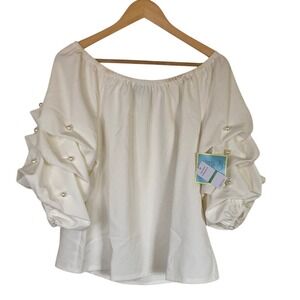 CeCe Womens Elegant White Off-Shoulder‎ Top Tiered Sleeves Pearl Accents Size L